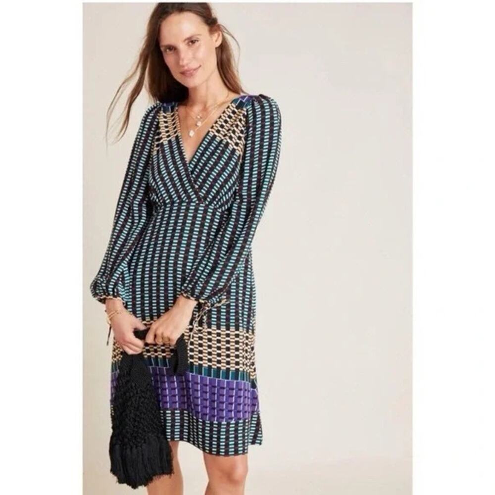 Maeve Anthropologie Gianna Tunic V Neck Geometric Print Dress Pockets 2 Petite